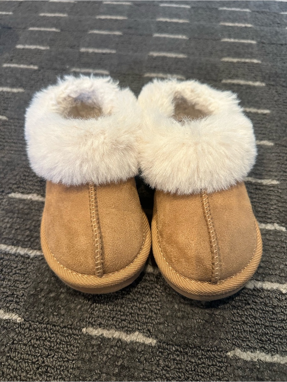Kids Size 8; Cozy chestnut suede Slipper Boots | with cream faux fur